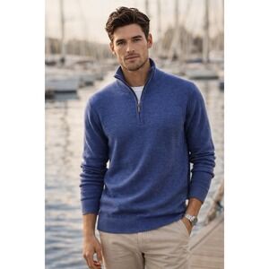 Thomas Dean Men Navy Blue Quarter Zip Wool Blend Sweater L Preppy Yacht Club